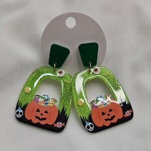Women's Cute Halloween Earrings Pumpkin Green Orange Fashion Jewelry NWOT Dangle